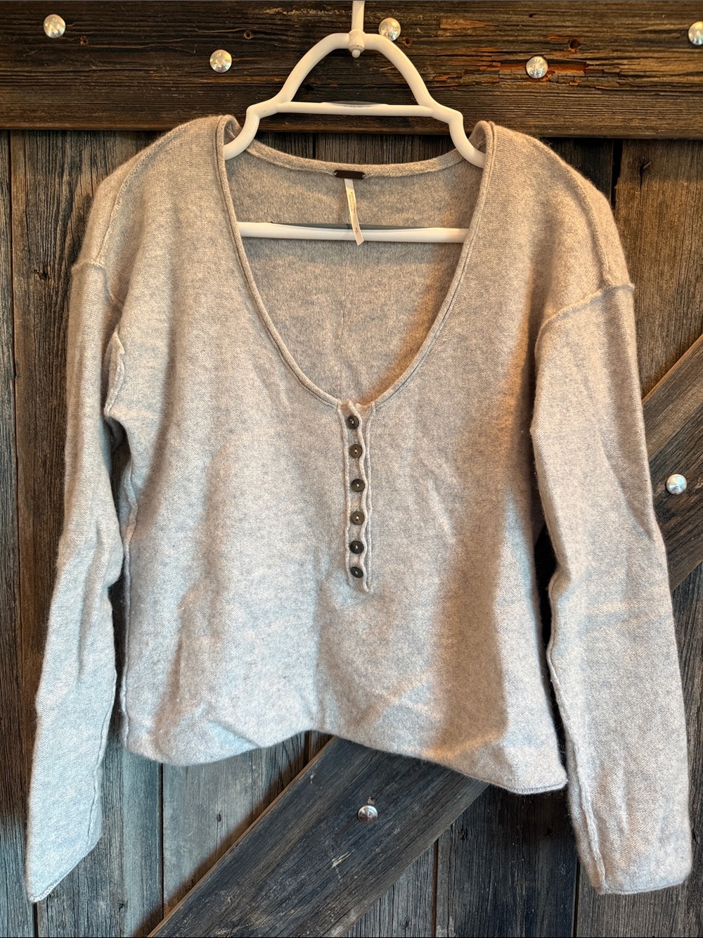 Free People Light Gray Scoop Neck Henley Sweater cashmere